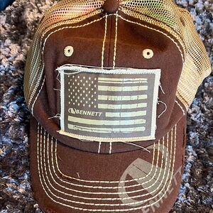 Bennett Trucking distressed hat with American flag patch, never worn
